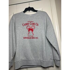 State of Mine Womens Candy Cane Co Christmas Sweatshirt Gray Embroidered Medium